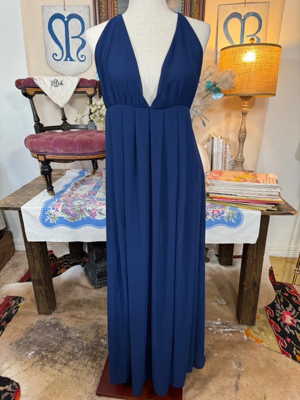 Deep Blue Halter Maxi Dress - Classic Evening Style - Picture 2 of 7